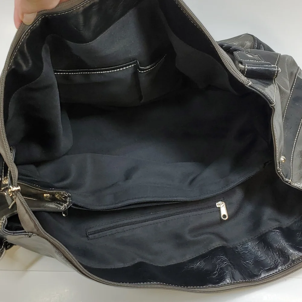 Extra Large Metallic Taupe Black Braided Straps Faux Leather Tote Bag EUC